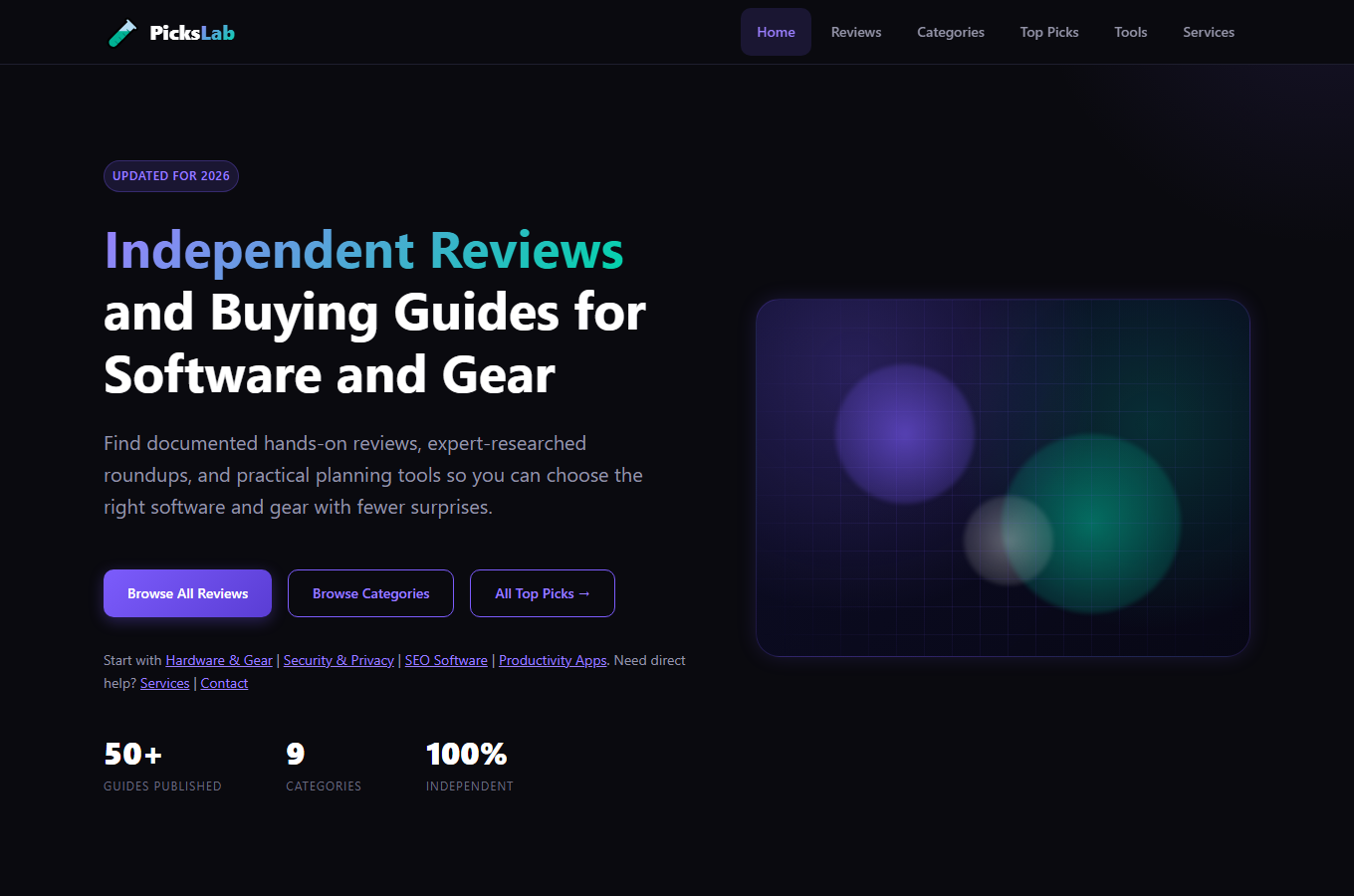 PicksLab homepage showing its review and buying-guide navigation and editorial hero
